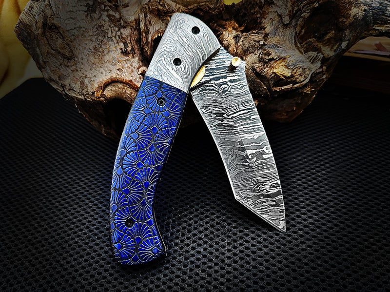 Alien Graphic Laser Engraving on Blue Colored Camel Bone Folding Pocket Knife Tanto with Damascus Bolster Custom Handcrafted Damascus Steel 8.50 inches with Leather Sheath Great Gift for Space Lovers and Camping CLKFOL1124