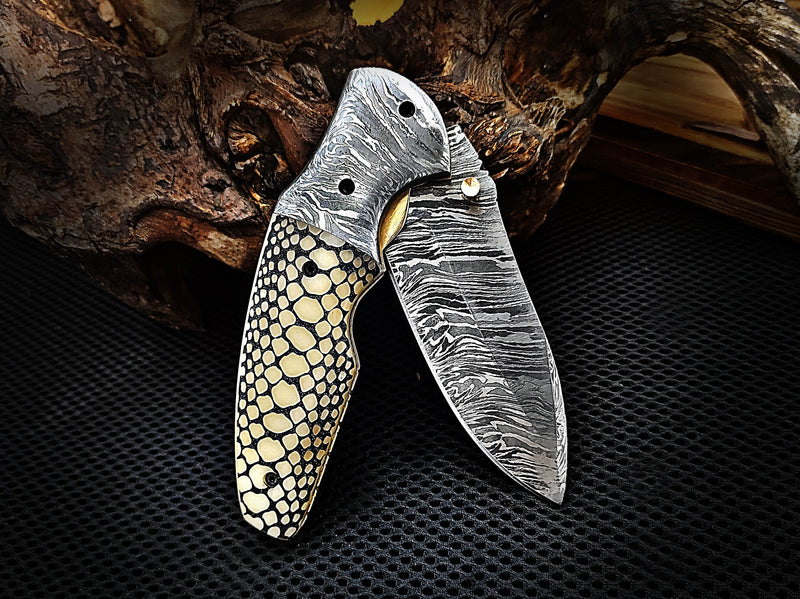 Scrimshaw on Camel Bone As Snake Skin Folding Pocket Knife with Damascus Bolster Drop Point Custom Handcrafted Damascus Steel 8.00 inches with Leather Sheath CLKFOL1113