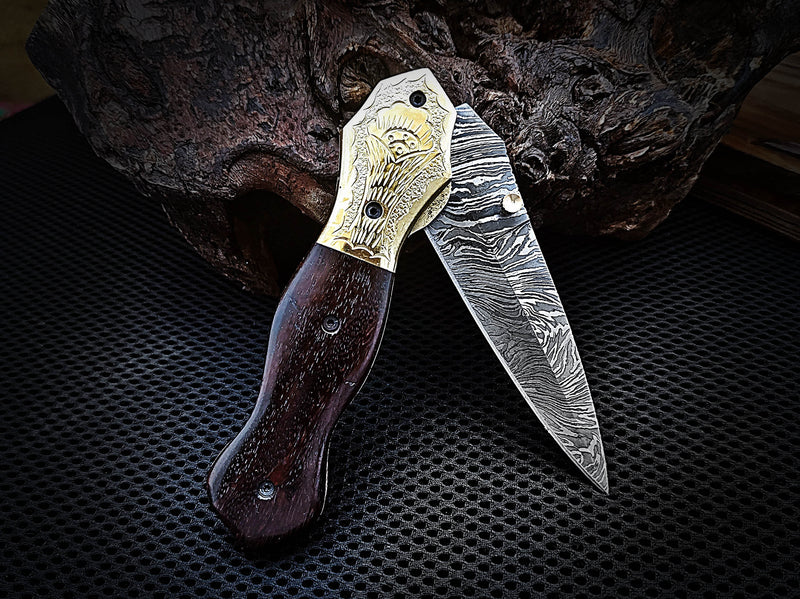 Folding Pocket Knife Dagger Custom Handcrafted Damascus Steel 7.5 inches Walnut Burl Wood Handle and Engraved Brass Bolster with Leather Sheath Perfect Gift for All Occasions CLKFOL1107