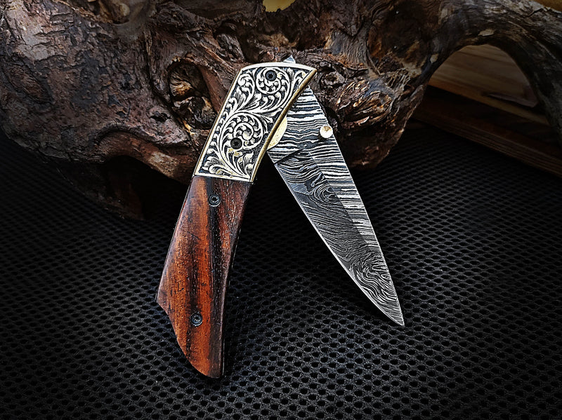 Folding Pocket Knife Liner Lock Hand Engraved Brass Bolster and Walnut Wood Handle 7.50 inches Custom Handcrafted Damascus Steel with Leather Sheath Perfect Gift for Everyone CLKFOL1112