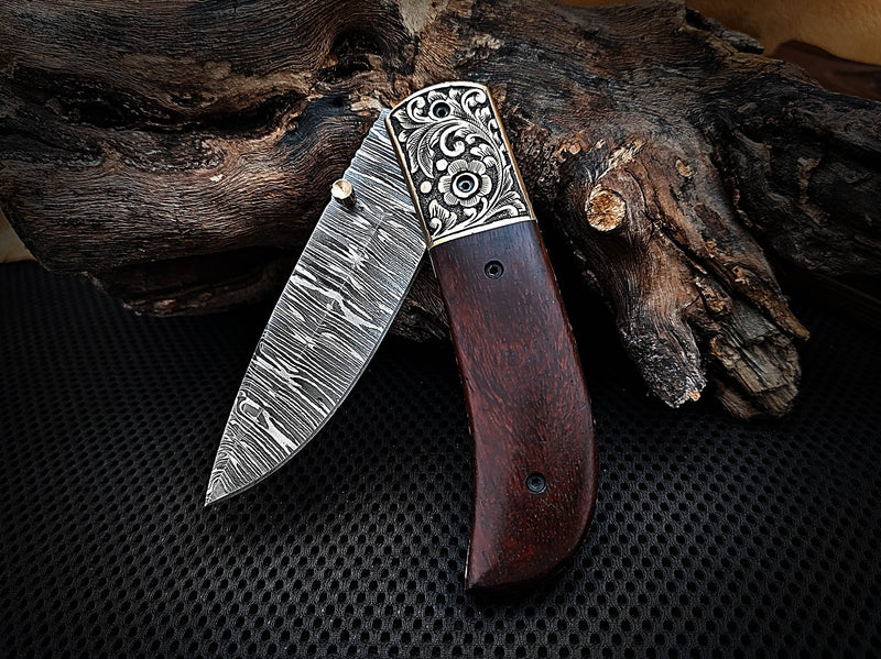 Hand Engraved Brass Bolster Folding Pocket Knife and Walnut Wood Handle 7.50 inches Custom Handcrafted Damascus Steel with Leather Sheath Perfect Gift for Your Loved Ones CLKFOL1109