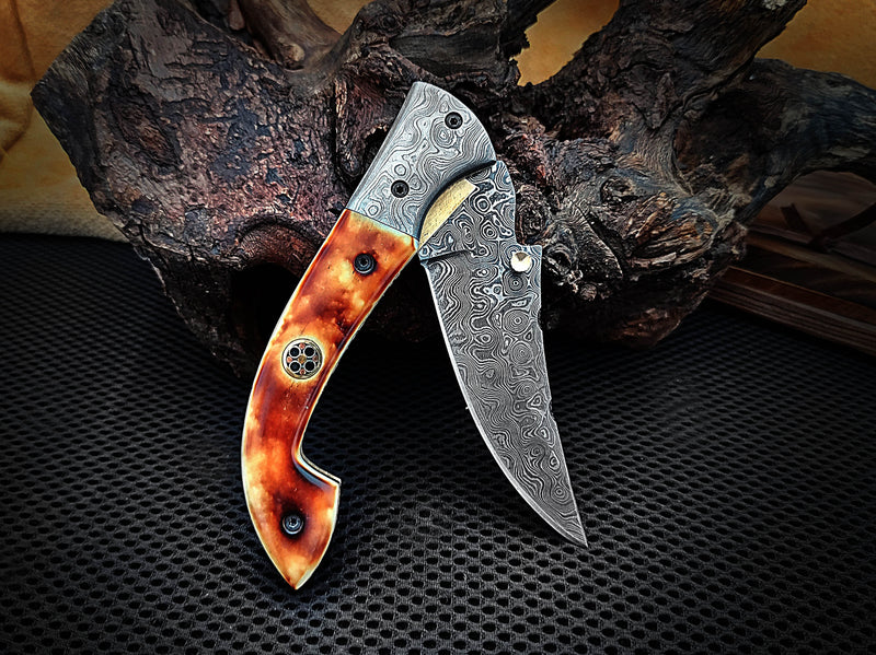 Burnt Camel Bone Folding Pocket Knife with Damascus Bolster Drop Point Mosaic Pin Custom Handcrafted Damascus Steel 7.75 inches with Leather Sheath CLKFOL1119