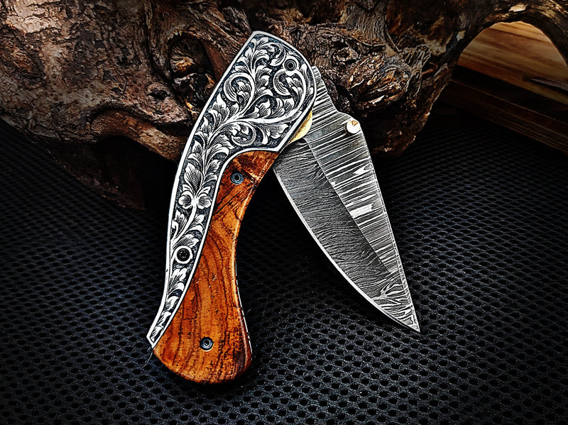 Pocket Knife Folding Knife Liner Lock Hand Engraved Steel and Olive Wood Handle 7.50 inches Custom Handcrafted Damascus Steel with Leather Sheath Perfect Gift CLKFOL1114