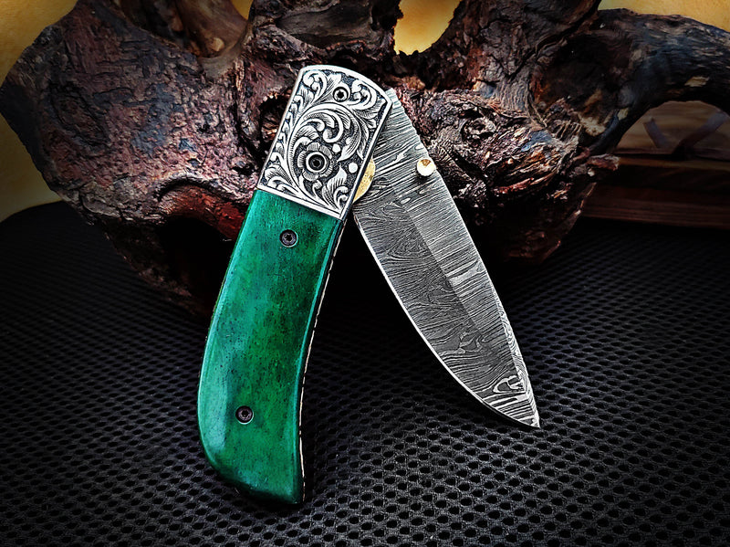 Hand Engraved Steel Bolster Folding Pocket Knife Green Colored Camel Bone Handle Custom Handcrafted Damascus Steel 7.50 inches with Leather Sheath Perfect Gift for All Occasions CLKFOL1116