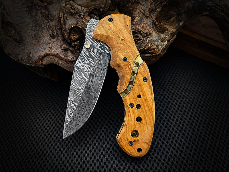 Folding Pocket Knife Damascus Steel 8.0 inches Custom Handcrafted Olive Burl Wood Handle with Leather Sheath Perfect Gift for All Occasions CLKFOL1104