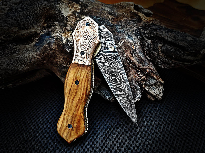 Folding Pocket Knife Dagger Custom Handcrafted Damascus Steel 7.5 inches Olive Burl Wood Handle and Engraved Copper Bolster with Leather Sheath Perfect Gift for All Occasions CLKFOL1102