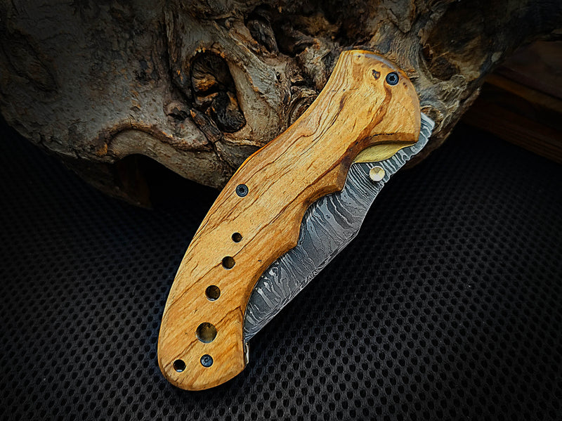 Folding Pocket Knife Damascus Steel 8.0 inches Custom Handcrafted Olive Burl Wood Handle with Leather Sheath Perfect Gift for All Occasions CLKFOL1104