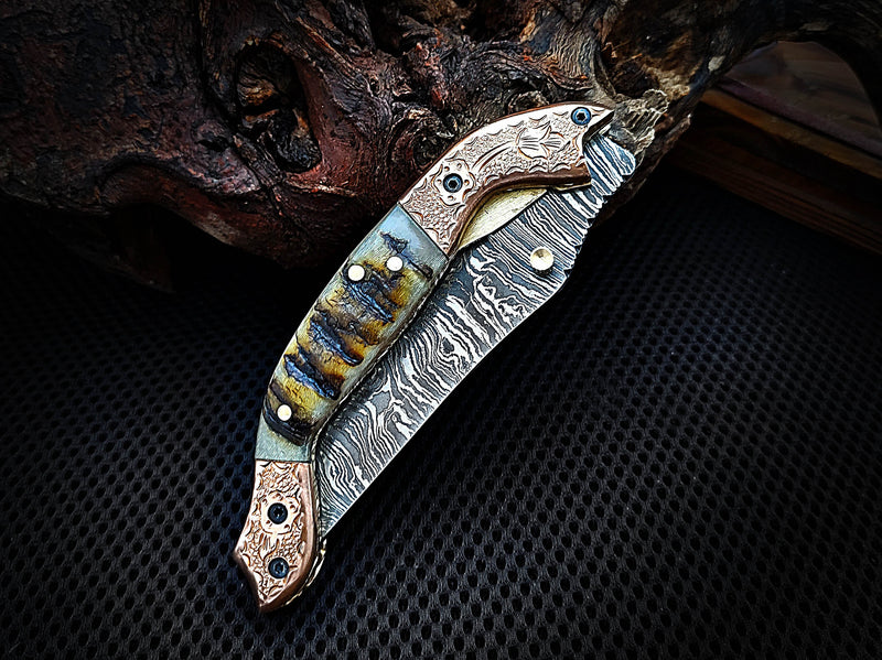 Folding Pocket Tanto Knife Bighorn Sheep Horn Handle and Engraved Double Copper Bolster Damascus Steel 8.0 inches Custom Handcrafted with Leather Sheath Great Gift for All Occasions CLKFOL1103