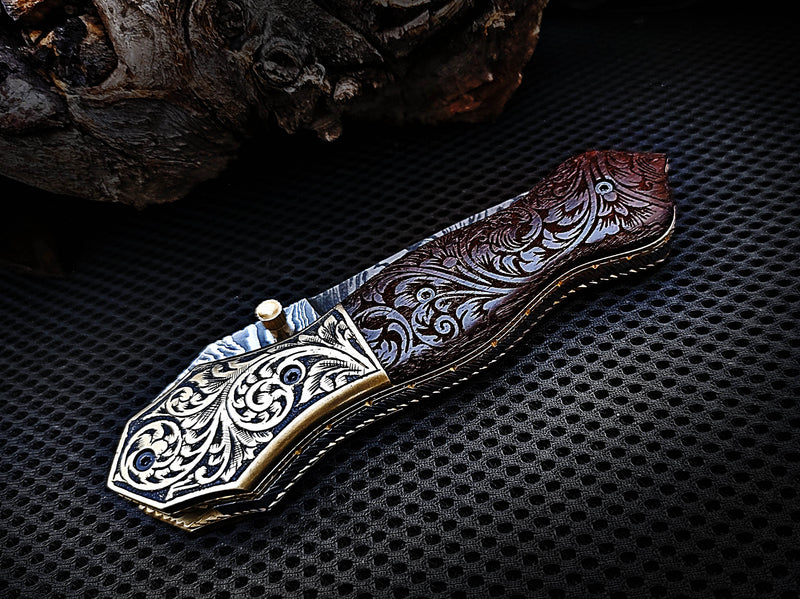 Hand Engraved Brass Bolster and Walnut Burl Wood Folding Pocket Knife Dagger Custom Handcrafted Damascus Steel 7.5 inches with Leather Sheath Perfect Gift for Art Lovers and Collectors CLKFOL1122