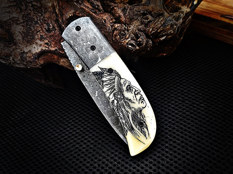 Native American Scrimshaw on Camel Bone Red Indian Folding Pocket Knife Drop Point with Damascus Bolster Custom Handcrafted Damascus Steel 7.50 inches with Leather Sheath Great Gift for Your Loved Ones CLKFOL1115