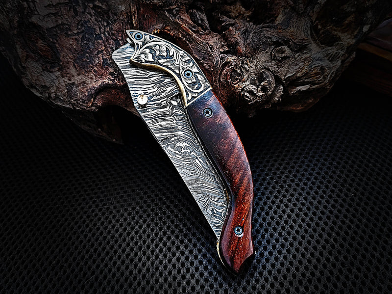 Folding Pocket Knife Hand Engraved Brass Bolster and Walnut Wood Handle 8.00 inches Custom Handcrafted Damascus Steel with Leather Sheath Perfect Gift for Your Loved Ones CLKFOL1111