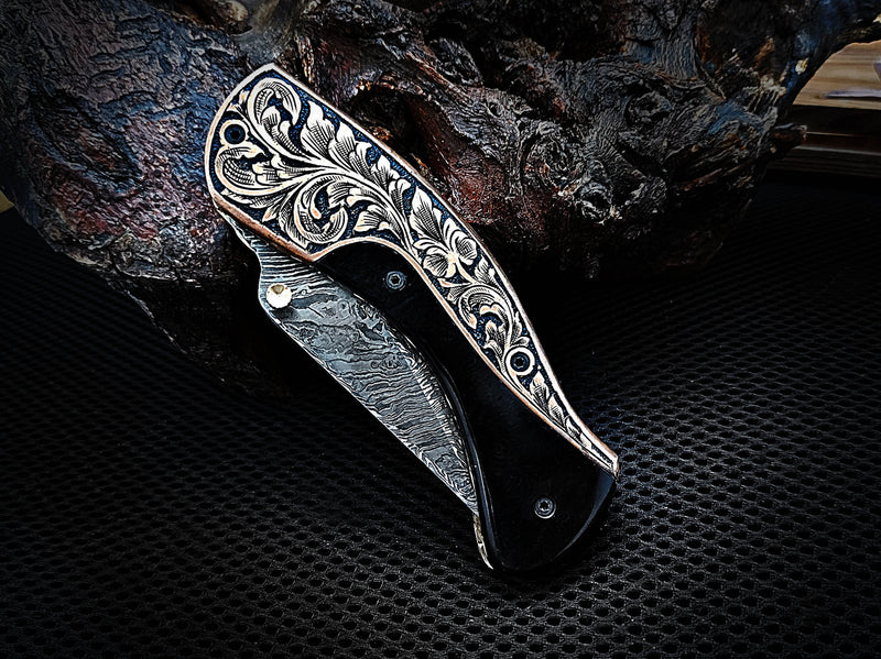 Hand Engraved Copper Bolster Folding Pocket Knife and Buffalo Horn Handle 8.00 inches Custom Handcrafted Damascus Steel with Leather Sheath Perfect Gift for Your Loved Ones CLKFOL1117