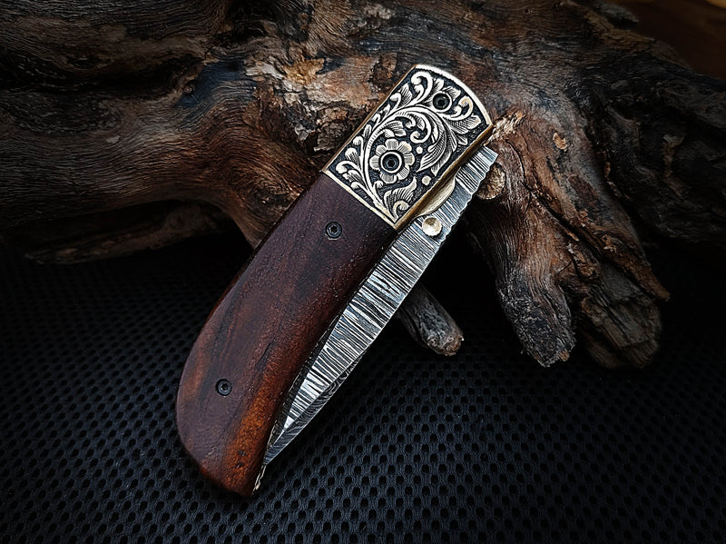 Hand Engraved Brass Bolster Folding Pocket Knife and Walnut Wood Handle 7.50 inches Custom Handcrafted Damascus Steel with Leather Sheath Perfect Gift for Your Loved Ones CLKFOL1109