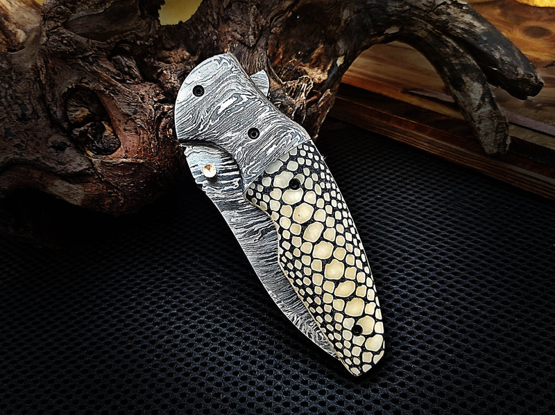 Scrimshaw on Camel Bone As Snake Skin Folding Pocket Knife with Damascus Bolster Drop Point Custom Handcrafted Damascus Steel 8.00 inches with Leather Sheath CLKFOL1113