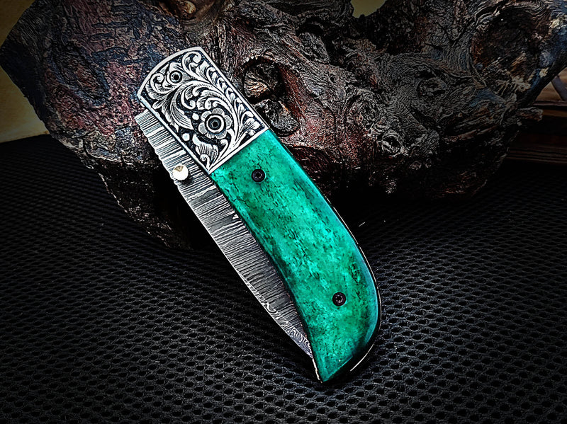 Hand Engraved Steel Bolster Folding Pocket Knife Green Colored Camel Bone Handle Custom Handcrafted Damascus Steel 7.50 inches with Leather Sheath Perfect Gift for All Occasions CLKFOL1116