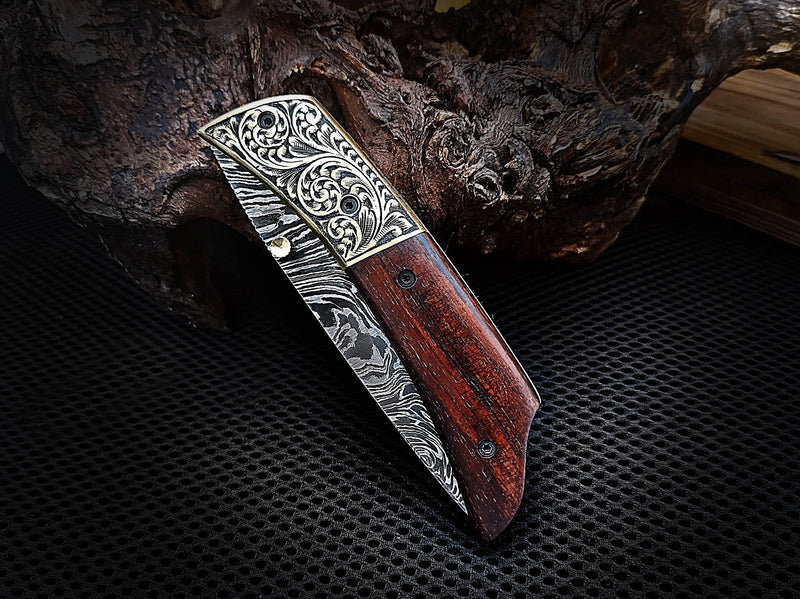 Folding Pocket Knife Liner Lock Hand Engraved Brass Bolster and Walnut Wood Handle 7.50 inches Custom Handcrafted Damascus Steel with Leather Sheath Perfect Gift for Everyone CLKFOL1112