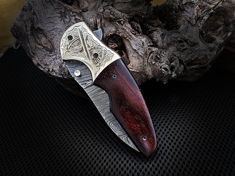 Folding Pocket Knife Walnut Wood Handle and Engraved Brass Bolster 8.0 inches Custom Handcrafted Damascus Steel with Leather Sheath Perfect Gift for Your Loved Ones CLKFOL1105