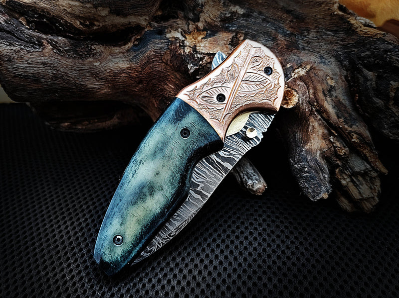 Custom Handcrafted Damascus Steel Folding Pocket Knife 8.0 inches Colored Camel Bone Handle and Engraved Copper Bolster with Leather Sheath Perfect Gift for All Occasions CLKFOL1101