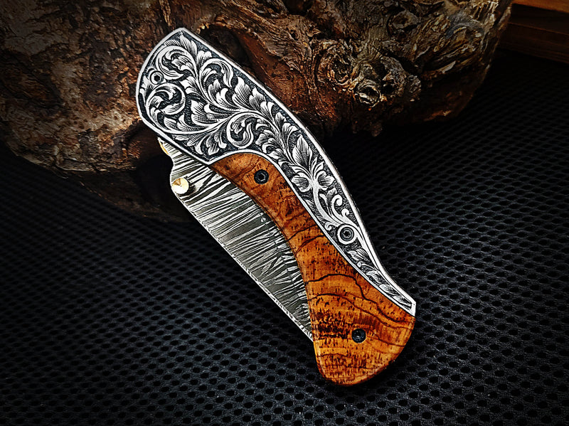 Pocket Knife Folding Knife Liner Lock Hand Engraved Steel and Olive Wood Handle 7.50 inches Custom Handcrafted Damascus Steel with Leather Sheath Perfect Gift CLKFOL1114