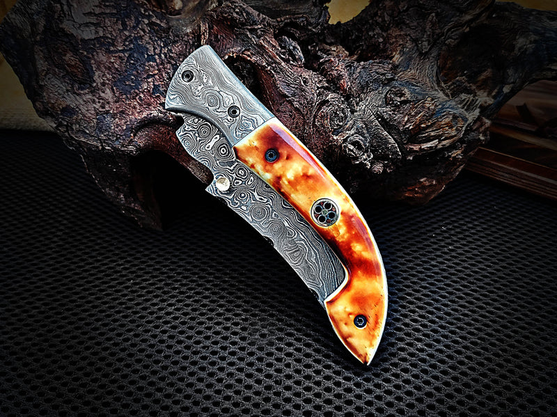 Burnt Camel Bone Folding Pocket Knife with Damascus Bolster Drop Point Mosaic Pin Custom Handcrafted Damascus Steel 7.75 inches with Leather Sheath CLKFOL1119