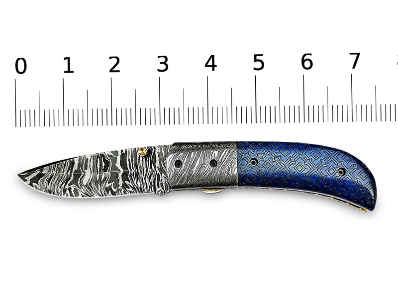 Alien Graphic Laser Engraving on Blue Colored Camel Bone Folding Pocket Knife Drop Point with Damascus Bolster Custom Handcrafted Damascus Steel 7.50 inches with Leather Sheath Great Gift for Space and Art Lovers CLKFOL1121