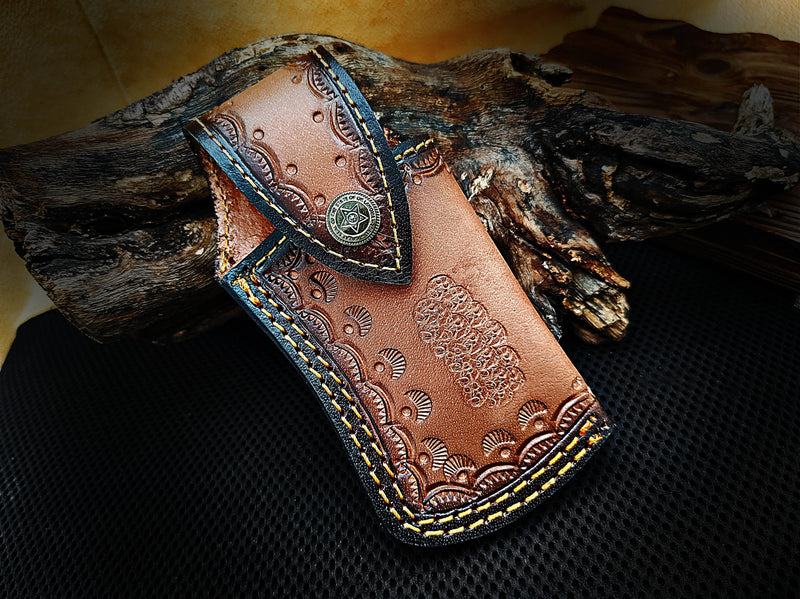 Alien Graphic Laser Engraving on Blue Colored Camel Bone Folding Pocket Knife Tanto with Damascus Bolster Custom Handcrafted Damascus Steel 8.50 inches with Leather Sheath Great Gift for Space Lovers and Camping CLKFOL1124