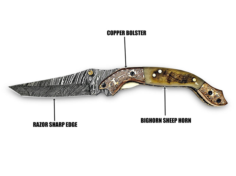 Folding Pocket Tanto Knife Bighorn Sheep Horn Handle and Engraved Double Copper Bolster Damascus Steel 8.0 inches Custom Handcrafted with Leather Sheath Great Gift for All Occasions CLKFOL1103