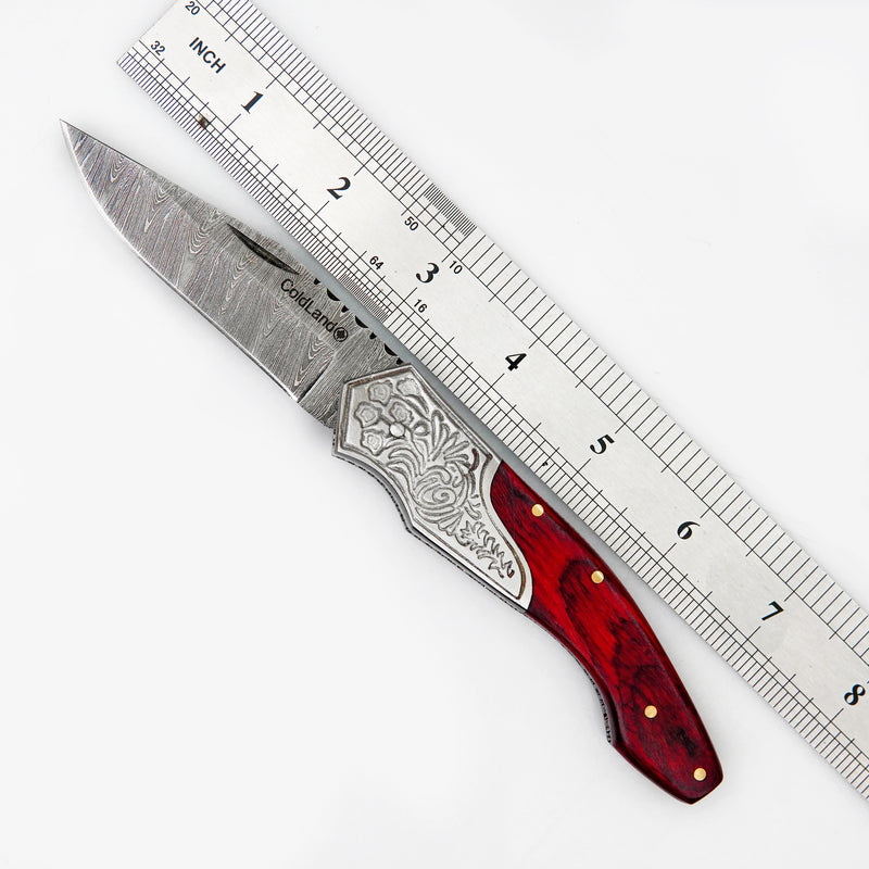 Pocket Folding Knife EDC Hand Forged in Damascus Steel Engraved Bolster and Red Pakka Wood Handle with Leather Sheath SQFOL01-V2