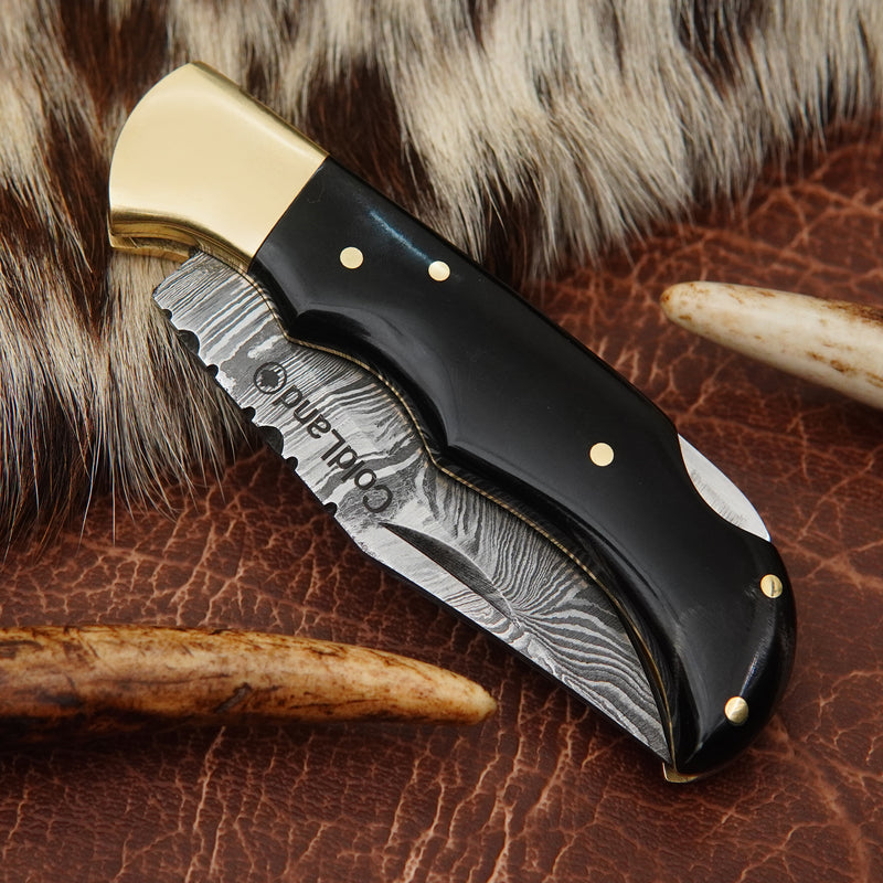 Pocket Folding Knife EDC Hand Forged in Damascus Steel Brass Bolster and Buffalo Horn Handle with Leather Sheath ILFOL01-V2