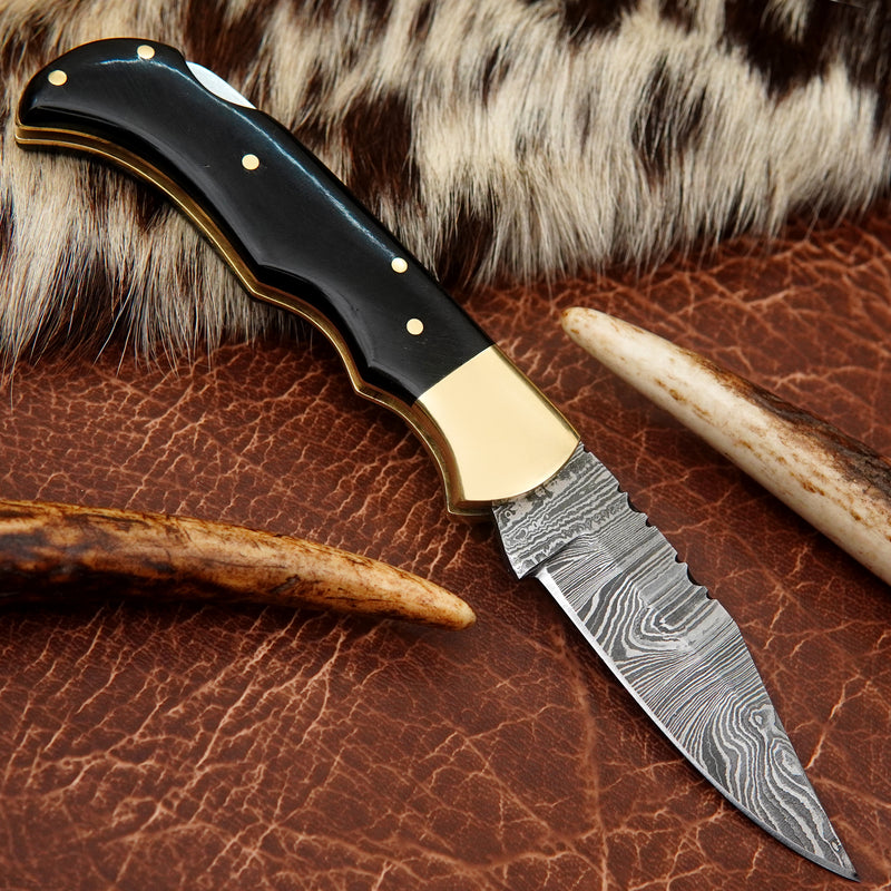 Pocket Folding Knife EDC Hand Forged in Damascus Steel Brass Bolster and Buffalo Horn Handle with Leather Sheath ILFOL01-V2