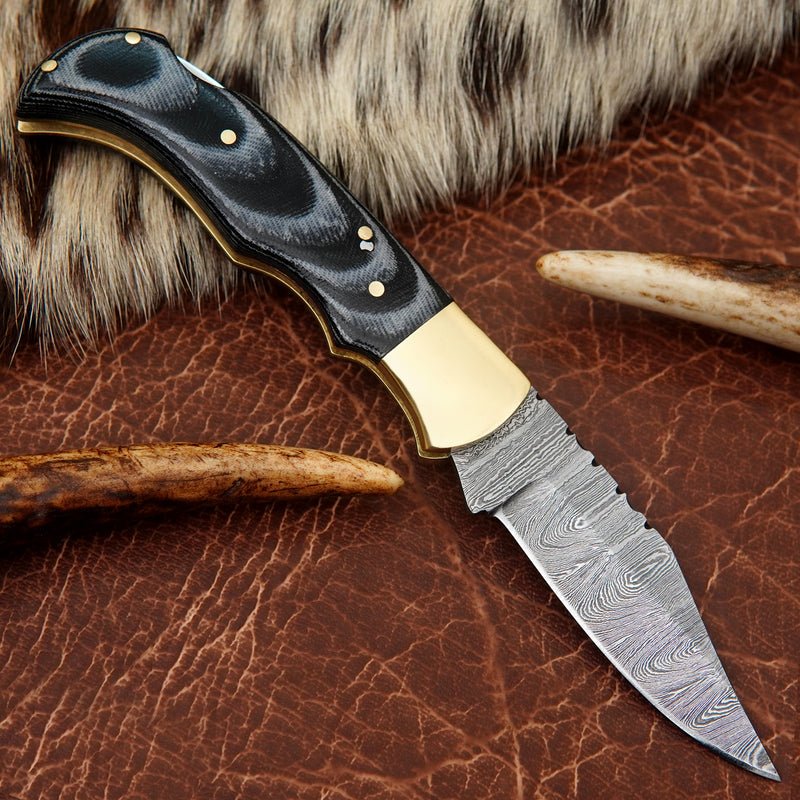 Pocket Folding Knife EDC Hand Forged in Damascus Steel Brass Bolster and Blue Micarta Handle with Leather Sheath ILFOL01-V4