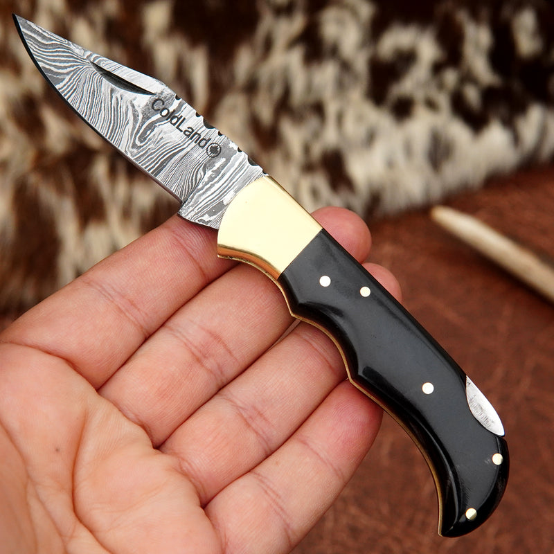 Pocket Folding Knife EDC Hand Forged in Damascus Steel Brass Bolster and Buffalo Horn Handle with Leather Sheath ILFOL01-V2