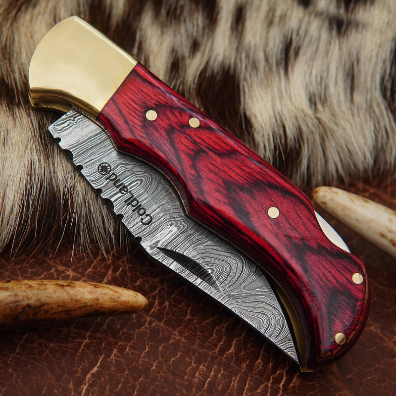 Pocket Folding Knife EDC Hand Forged in Damascus Steel Brass Bolster and Red Pakka Wood Handle with Leather Sheath ILFOL01-V3