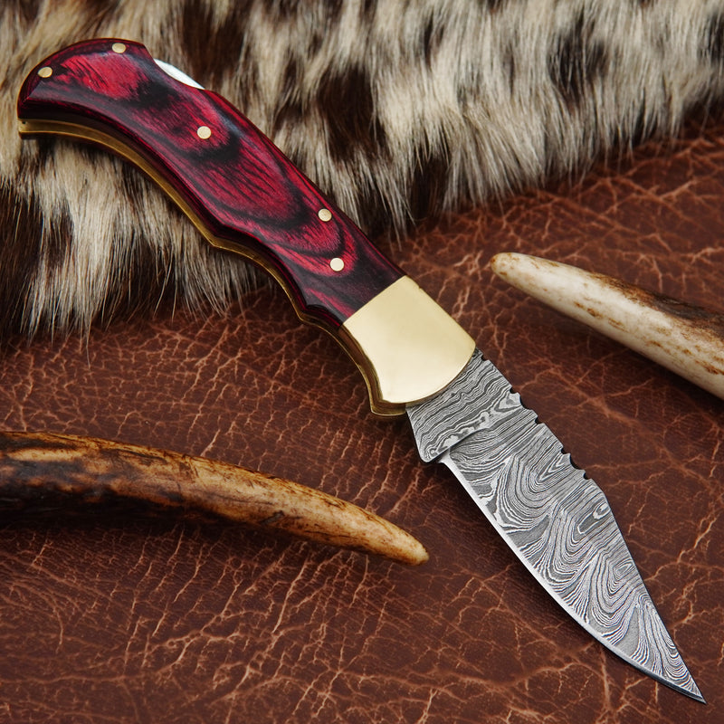 Pocket Folding Knife EDC Hand Forged in Damascus Steel Brass Bolster and Red Pakka Wood Handle with Leather Sheath ILFOL01-V3