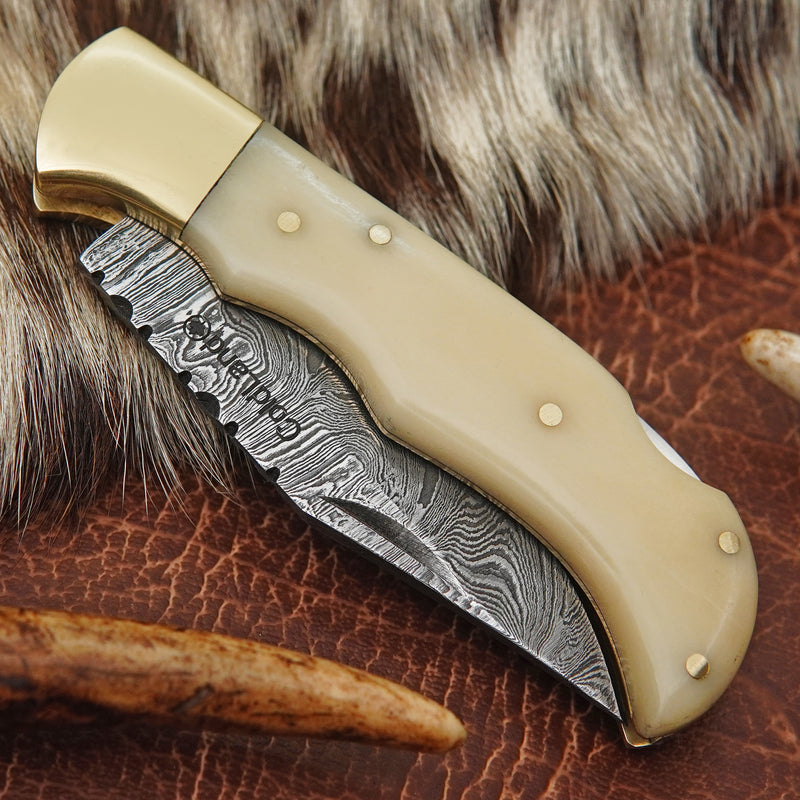 Pocket Folding Knife EDC Hand Forged in Damascus Steel Brass Bolster and Camel Bone Handle with Leather Sheath ILFOL01