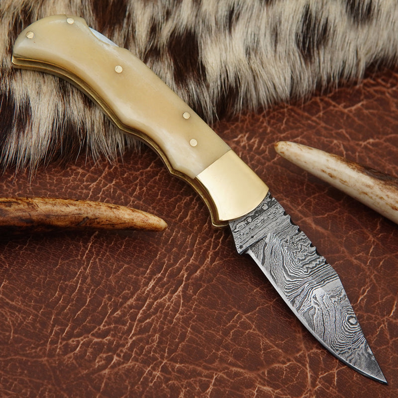 Pocket Folding Knife EDC Hand Forged in Damascus Steel Brass Bolster and Camel Bone Handle with Leather Sheath ILFOL01