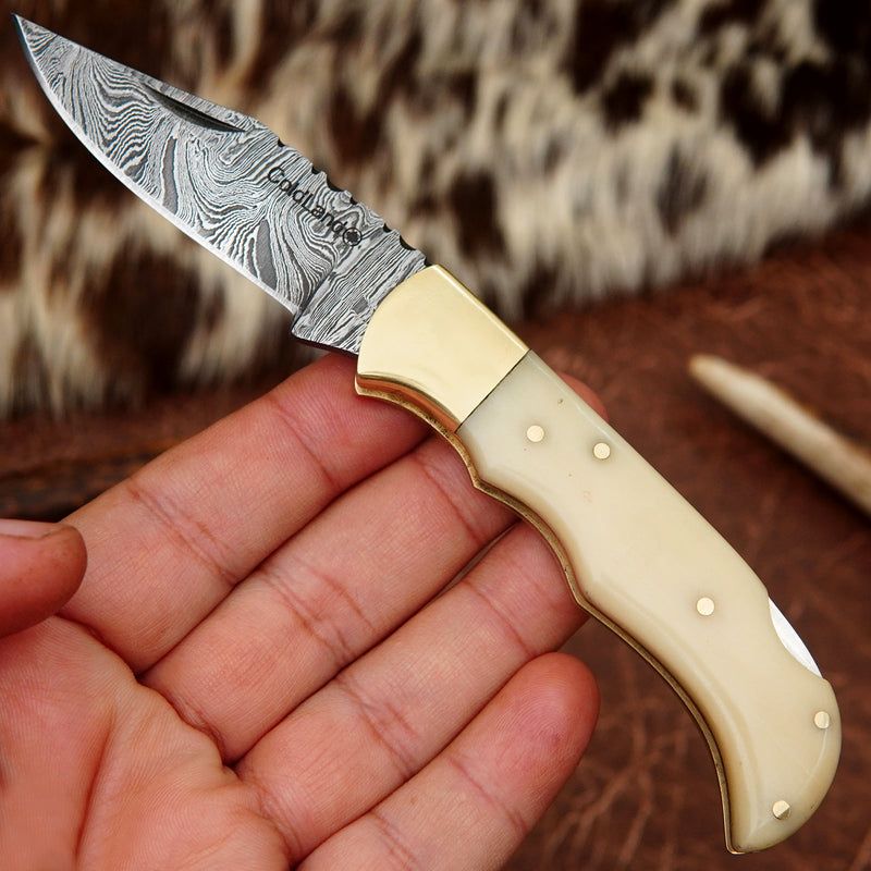 Pocket Folding Knife EDC Hand Forged in Damascus Steel Brass Bolster and Camel Bone Handle with Leather Sheath ILFOL01