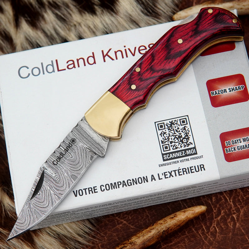 Pocket Folding Knife EDC Hand Forged in Damascus Steel Brass Bolster and Red Pakka Wood Handle with Leather Sheath ILFOL01-V3