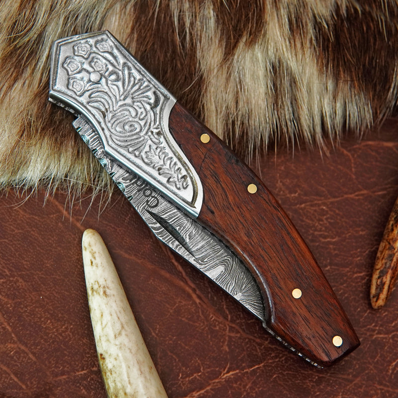 Pocket Folding Knife EDC Hand Forged in Damascus Steel Engraved Bolster and Walnut Wood Handle with Leather Sheath SQFOL01-V4