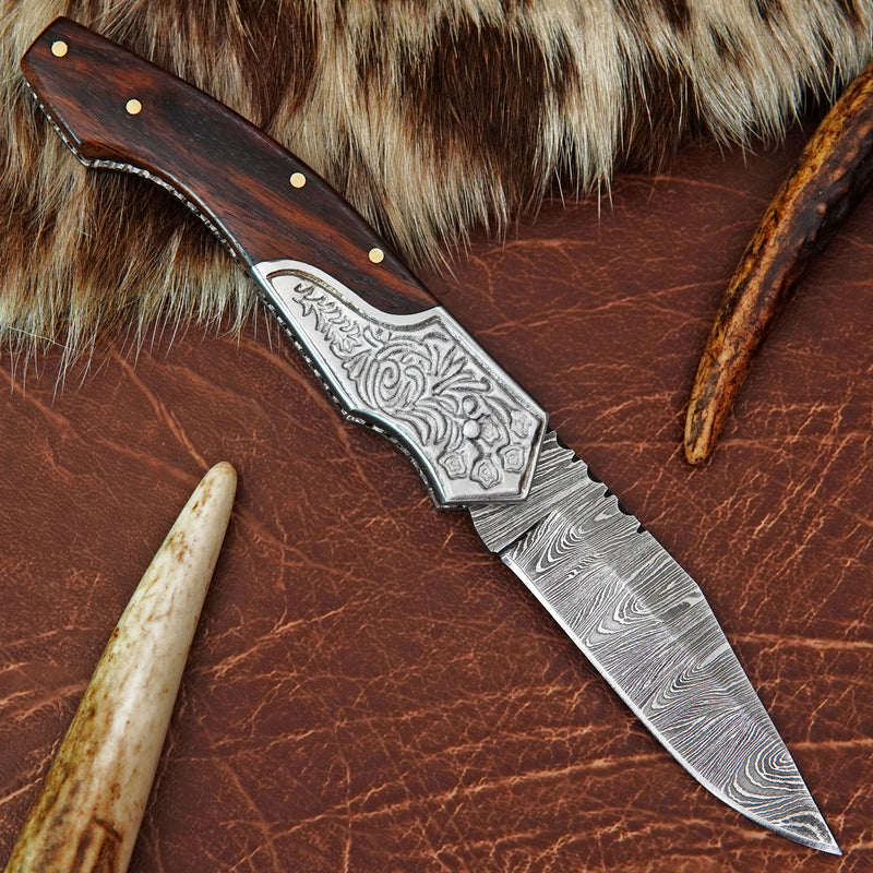 Pocket Folding Knife EDC Hand Forged in Damascus Steel Engraved Bolster and Walnut Wood Handle with Leather Sheath SQFOL01-V4