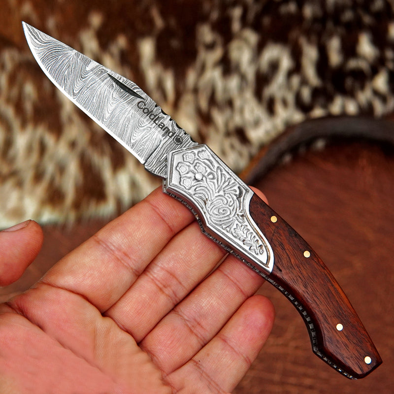 Pocket Folding Knife EDC Hand Forged in Damascus Steel Engraved Bolster and Walnut Wood Handle with Leather Sheath SQFOL01-V4