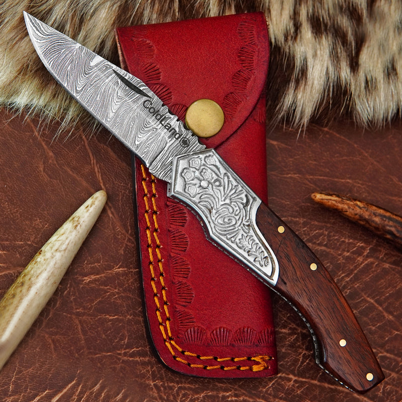 Folding Pocket Knife with Rose Wood Engraved Silver Bolster 