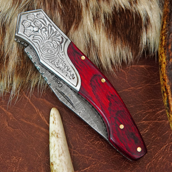 Pocket Folding Knife EDC Hand Forged in Damascus Steel Engraved Bolster and Red Pakka Wood Handle with Leather Sheath SQFOL01-V2