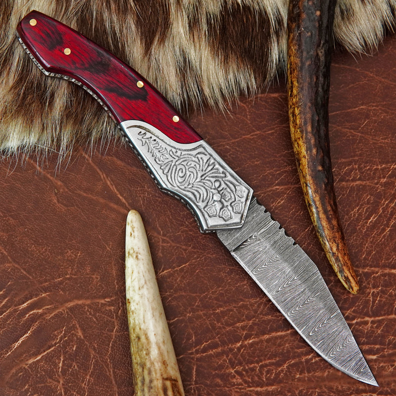 Pocket Folding Knife EDC Hand Forged in Damascus Steel Engraved Bolster and Red Pakka Wood Handle with Leather Sheath SQFOL01-V2