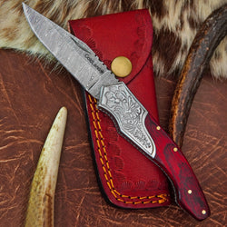 Folding Pocket Knife with Engraved Silver Bolster and Red Pakka Wood 