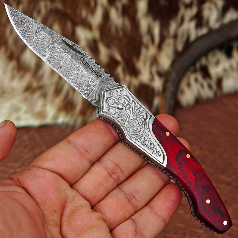 Pocket Folding Knife EDC Hand Forged in Damascus Steel Engraved Bolster and Red Pakka Wood Handle with Leather Sheath SQFOL01-V2