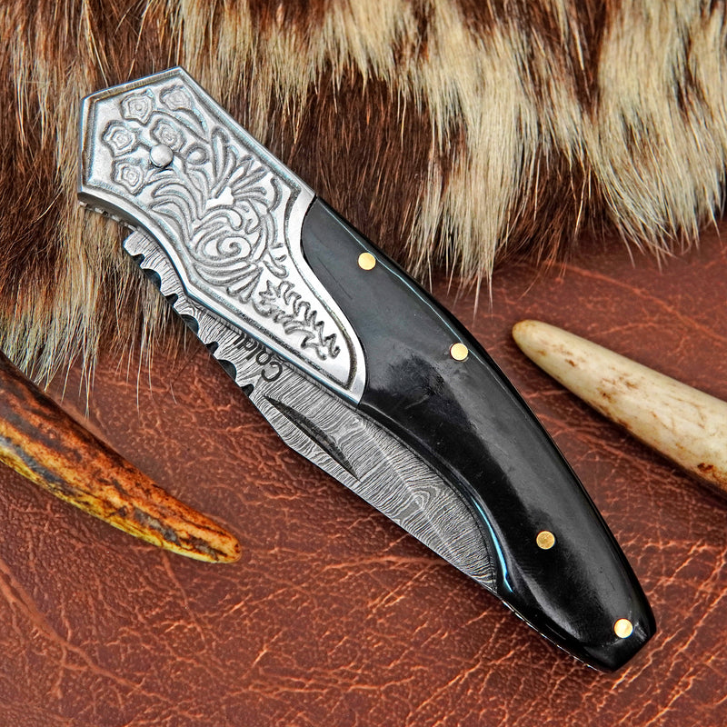 Pocket Folding Knife EDC Hand Forged in Damascus Steel Engraved Bolster and Buffalo Horn Handle with Leather Sheath SQFOL01-V3