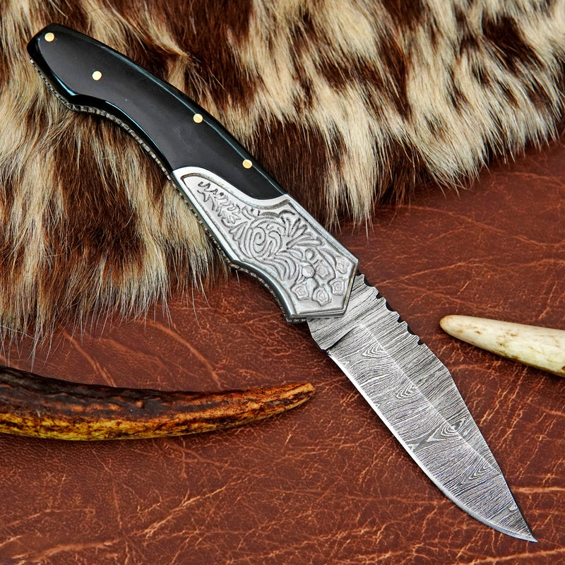 Pocket Folding Knife EDC Hand Forged in Damascus Steel Engraved Bolster and Buffalo Horn Handle with Leather Sheath SQFOL01-V3