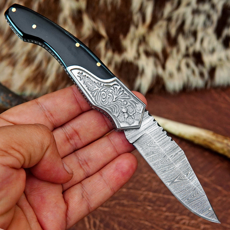 Pocket Folding Knife EDC Hand Forged in Damascus Steel Engraved Bolster and Buffalo Horn Handle with Leather Sheath SQFOL01-V3