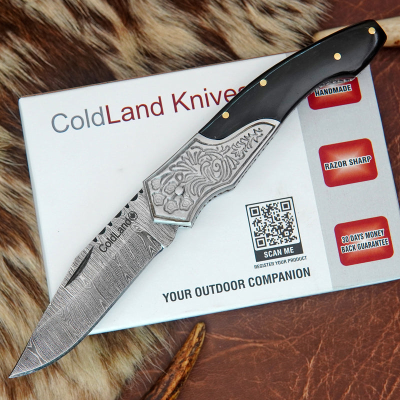 Pocket Folding Knife EDC Hand Forged in Damascus Steel Engraved Bolster and Buffalo Horn Handle with Leather Sheath SQFOL01-V3